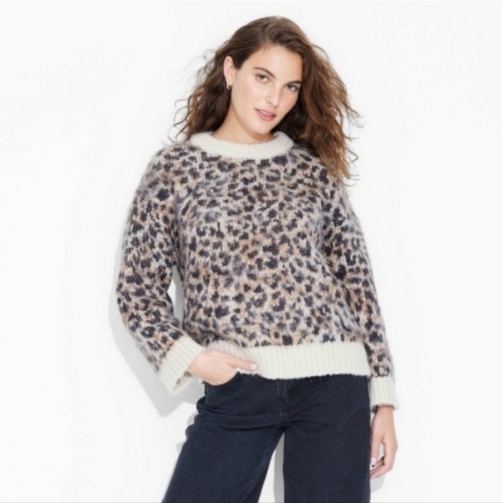 Women's Oversized Crewneck Pullover Holiday Sweater - Wild Fable Tan Leopard XXL